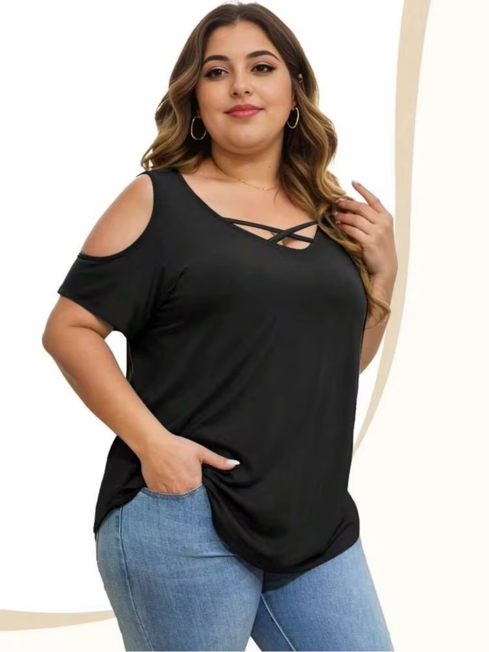 Ambiance Black Trending Crisscross V-Neck Cold Shoulder Top Cotton Plus Size 1X